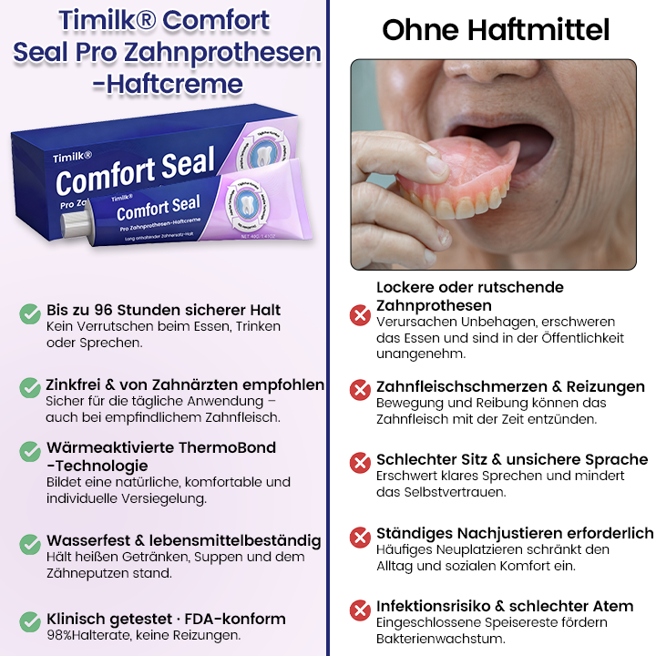 🔥 BEGRENZTES SONDERANGEBOT 🔥 Timilk® Comfort Seal Pro Zahnprothesen-Haftcreme 🦷💜 FDA-zertifiziert (Klinisch getestet: 96 Stunden Halt für sicheren, komfortablen und zinkfreien Sitz der Zahnprothese)✨