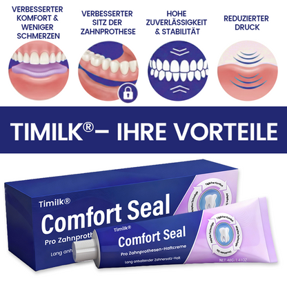 🔥 BEGRENZTES SONDERANGEBOT 🔥 Timilk® Comfort Seal Pro Zahnprothesen-Haftcreme 🦷💜 FDA-zertifiziert (Klinisch getestet: 96 Stunden Halt für sicheren, komfortablen und zinkfreien Sitz der Zahnprothese)✨
