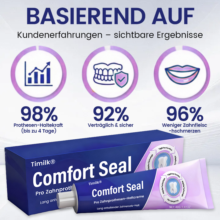 🔥 BEGRENZTES SONDERANGEBOT 🔥 Timilk® Comfort Seal Pro Zahnprothesen-Haftcreme 🦷💜 FDA-zertifiziert (Klinisch getestet: 96 Stunden Halt für sicheren, komfortablen und zinkfreien Sitz der Zahnprothese)✨