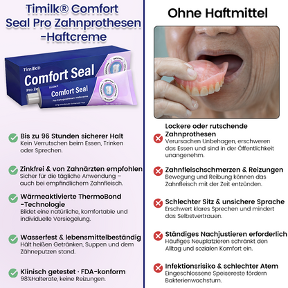 🔥 BEGRENZTES SONDERANGEBOT 🔥 Timilk® Comfort Seal Pro Zahnprothesen-Haftcreme 🦷💜 FDA-zertifiziert (Klinisch getestet: 96 Stunden Halt für sicheren, komfortablen und zinkfreien Sitz der Zahnprothese)✨